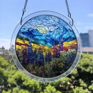 Atrapasol de acrílico colgante de ventana puzzle decoración diseño de montaña y flores