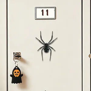 3D Halloween spider magnetic sticker detail shot, realistic black insect fridge magnet decoration.