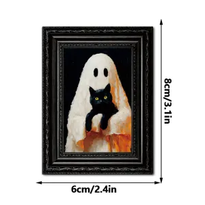 Vue détaillée du aimant de réfrigérateur en bois fantôme d'Halloween et chat noir.