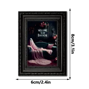 Halloween wooden photo frame fridge magnet, gothic ghost decor, compact size 8x6cm.