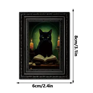Halloween Schwarze Katze Holz Bilderrahmen Magnet Vintage Stil Kühlschrankaufkleber 8x6cm