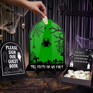 Halloween wedding guest book drop box set with tombstone frame, sign and wooden coffin chips