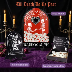 Halloween wedding guest book drop frame set with skeleton sign and wooden coffin tokens.
