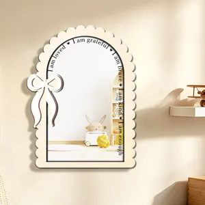 Wooden Arch Decorative Mirror with Bow Aesthetic Wall Hanging for Bedroom Home Decor
