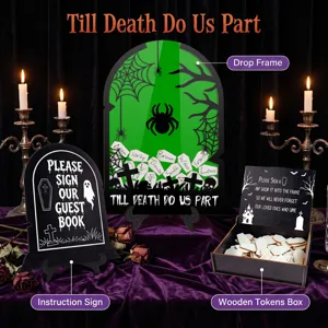 Detailed view of Halloween wedding guest book drop frame set with gravestone sign and tokens box.