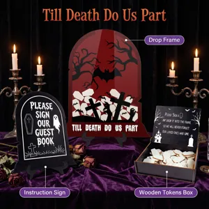 Halloween wedding guest book drop frame set with wooden tokens box and instruction sign.