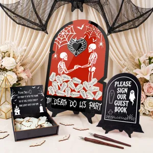 Halloween wedding guest book alternative tombstone sign set with custom wooden signature tokens