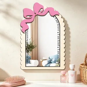 Wooden arched wall mirror with pink bow and positive quotes aesthetic vanity home decor