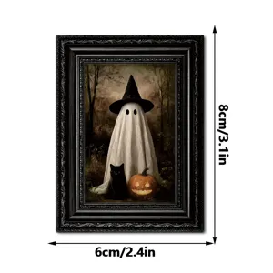 Aimant de réfrigérateur fantôme d'Halloween en bois cadre photo détail vue design noir rétro