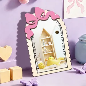 Wooden acrylic decorative mirror with pink bow cute tabletop makeup mirror for bedroom