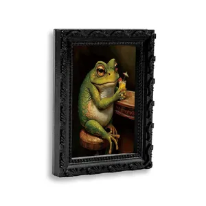 3D Vintage Frosch Kühlschrankmagnet mit verziertem schwarzen Rahmen und lustigem Bar-Design.