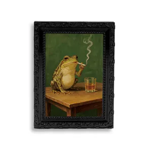 Detailed shot of the vintage frog painting fridge magnet, featuring a humorous smoking toad design.