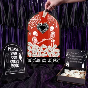 Halloween wedding guest book alternative drop top frame set with wooden coffin tokens detail.