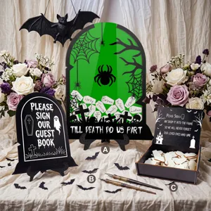 Halloween wedding guest book drop top frame set with coffin sign, wooden box, and tokens.