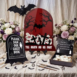 Halloween wedding guest book set detail with spooky tombstone sign, wooden box, and guest tags.