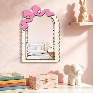 Wooden acrylic arched wall mirror with pink bow detail for bedroom home decor and aesthetic display.