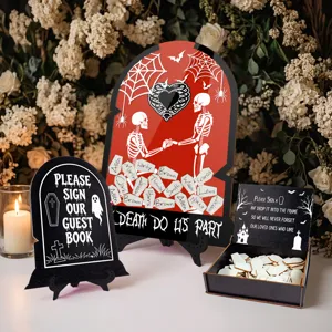 Halloween wedding guest book drop box set with skeleton sign and wooden sign tokens.
