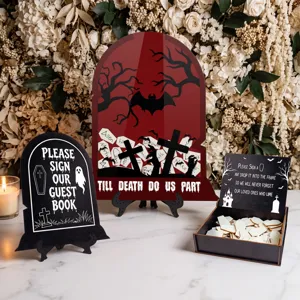 Halloween wedding guest book alternative drop box set with tombstone sign and wooden pieces.