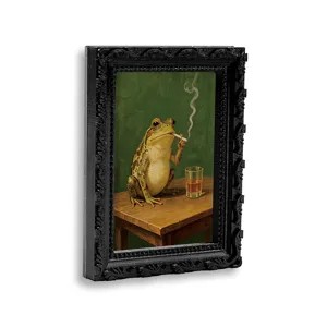 Retro frog painting fridge magnet detail view, vintage black ornate frame art decor close up.