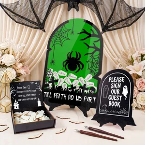 Halloween wedding guest book drop top frame set with wooden coffin tokens sign tabletop decor