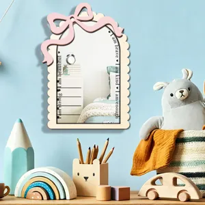 Wooden acrylic wall mirror with pink bow cute kids room decor aesthetic home hanging mirror