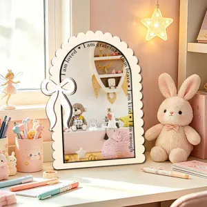Wooden arch decorative mirror with bow and positive quotes, cute tabletop decor for kids bedroom.