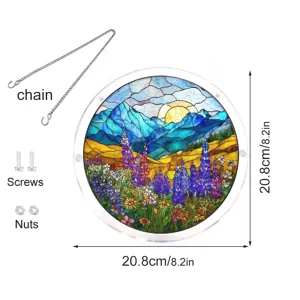 Stained glass acrylic window hanging suncatcher with mountain and floral design, 20.8cm.
