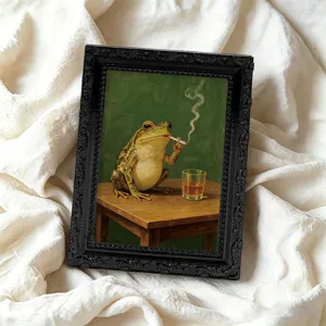 Retro frog smoking framed fridge magnet detail view, creative magnetic note sticker decor.