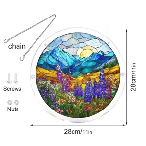Acrylic suncatcher detail view showing hanging chain, screws, nuts, and 28cm diameter size.