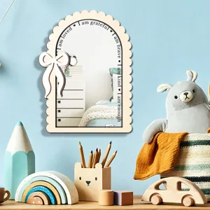 Wooden acrylic wall mirror with scalloped frame and positive affirmations for bedroom decor.