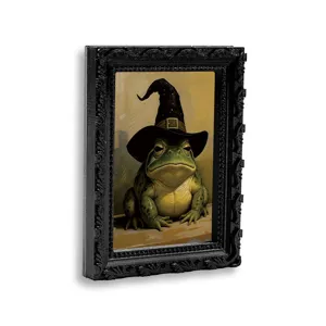 Retro frog photo frame fridge magnet, funny witch hat toad 3D magnetic sticker for home decor.