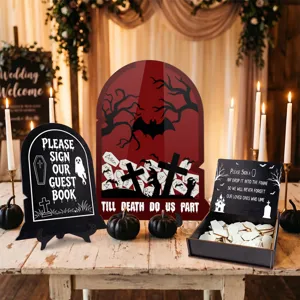 Halloween wedding guest book tombstone wooden drop top frame sign set table decoration