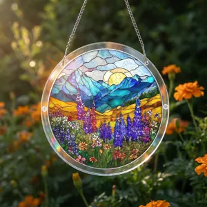 Acrylic suncatcher hanging ornament with stained glass landscape pattern for window decor.