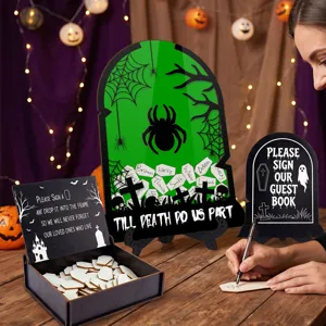Halloween wedding guest book alternative drop top tombstone frame set with wooden message chips