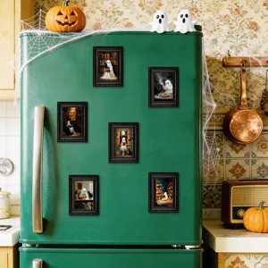Pegatinas magnéticas refrigerador fantasma Halloween, detalles escena marco madera.
