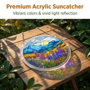 Acrylic suncatcher with vibrant stained glass mountain landscape design for window decor.