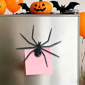 3D printed black spider fridge magnet for Halloween home decoration and spooky party props.
