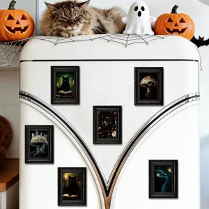 Halloween schwarze Katze Holz Fotorahmen Kühlschrankmagnete Set, gotische Heimdekoration.