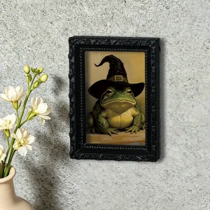 3D magnetic fridge sticker with retro photo frame design featuring a funny frog wearing hat.