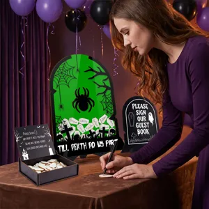 Halloween wedding guest book alternative drop top frame set with wooden tokens box.