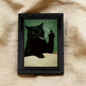 Retro Stil schwarzer Rahmen Detail mit lustiger rauchender Katze Magnet für Dekor.