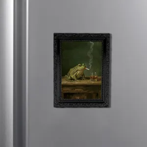 Vintage frog smoking whiskey fridge magnet 3D retro photo frame magnetic sticker decor