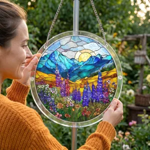 Acrylic stained glass suncatcher window hanging with beautiful mountain and floral landscape art.
