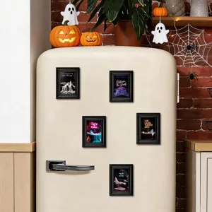 Wooden Halloween fridge magnets set, spooky ghost photo frame art for party decor and home.