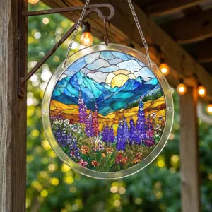 Stained glass acrylic suncatcher featuring mountain and wildflowers design for window decoration.