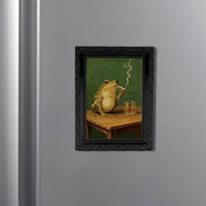 Vintage frog painting fridge magnet, funny smoking frog refrigerator sticker, retro decor.