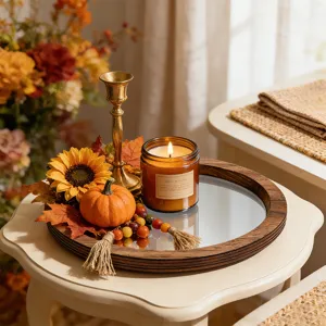 Plateau miroir en bois bougeoir décoration de table automne action de grâce affichage