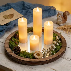 Plateau à bougies miroir en bois avec bougies LED, décoration rustique pour fête.
