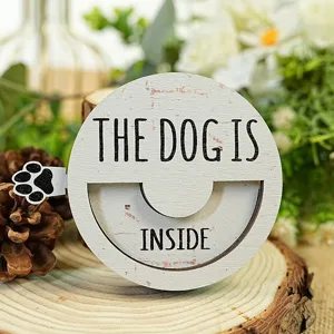 Wooden magnetic pet status sign, rotating dog inside reminder for home decor and pet owners.