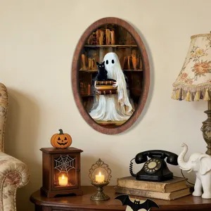 Halloween ghost wooden picture frame vintage wall decor spooky hanging sign for holiday party